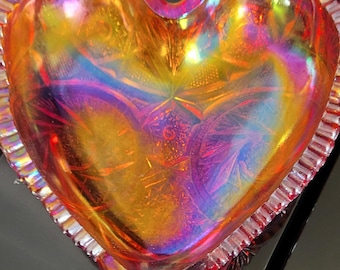Iridescent Red Heart Shaped Carnival Glass Candy or Trinket Dish