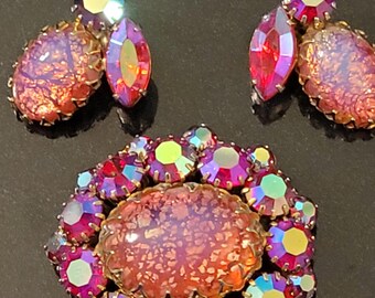 Vintage Pink and Red Aurora Borealis Pin or Brooch, and Earring Set in Iridescent Red Antique Czech Crystals