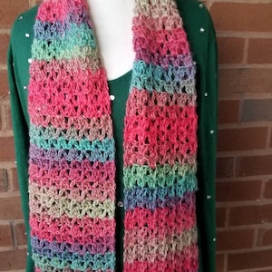 Beautiful Hand-crocheted ombre scarf in multicolored reds and greens