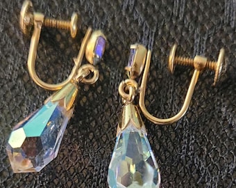 Iridescent Aurora Borealis tear drop clear crystal earrings, screw back. By JMS jewelry; gold filled