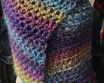 Beautiful, Fuzzy Hand-Crocheted Scarf in shades of Deep Blues, Purples, Turquoise and Green.<>