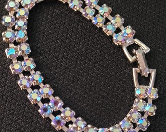 Vintage Blue Iridescent Weiss Rhinestone Bracelet; antique bracelet with Blue Aurora Borealis Crystals