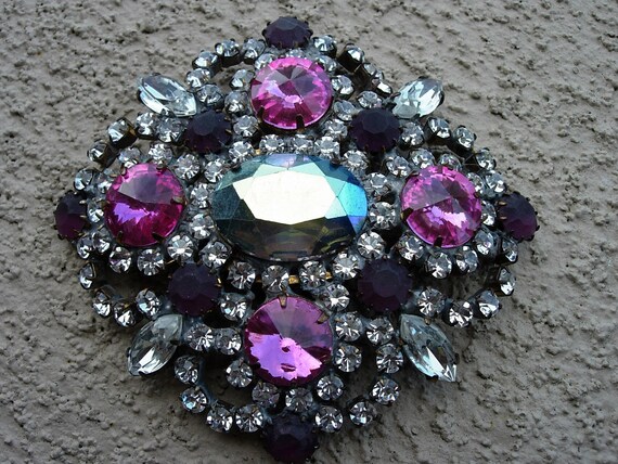 Vintage Pin or Brooch, Pink & Clear Czech Crystal… - image 3