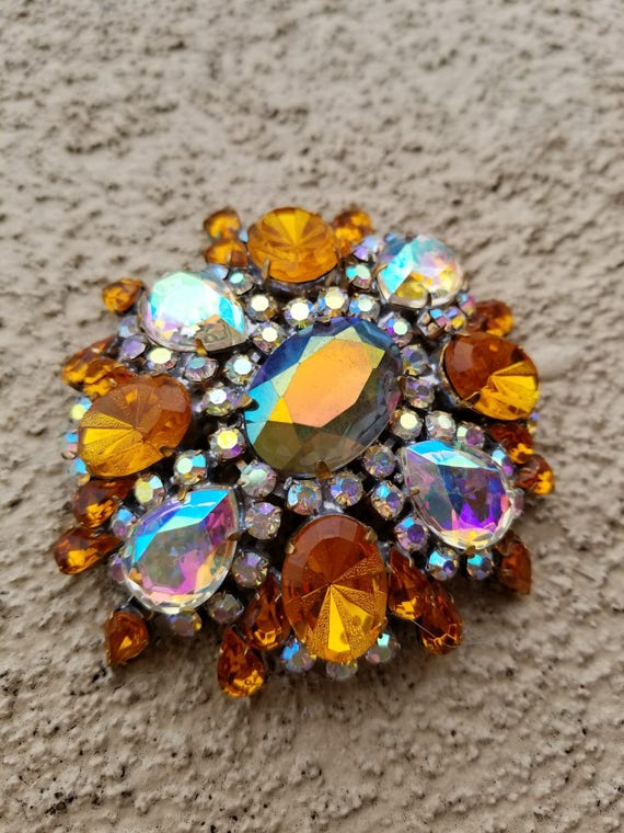 Vintage Amber, Teal and Aurora Pin or Brooch