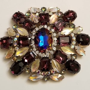 Vintage Czech Crystal Iridescent Rhinestone Brooch or Pin with Purple and Yellow Czech Crystals