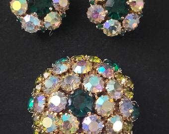 Vintage Warner Iridescent Blue and Green  Aurora Borealis Pin or Brooch, and Earring Set in Antique Czech Crystals