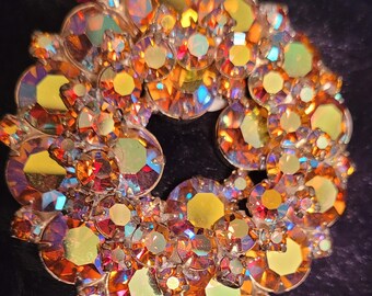 Vintage Circular Wreath Pin or Brooch in Iridescent Amber Crystals, likely by Sherman