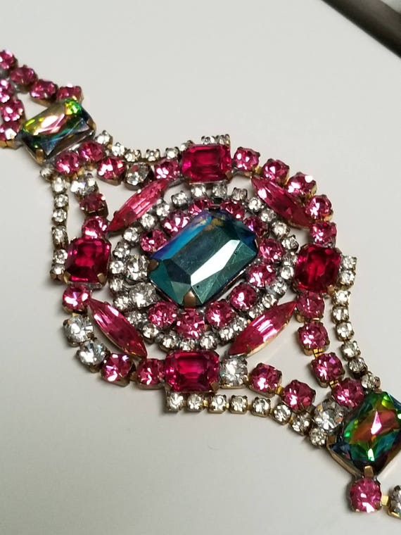 Vintage Rhinestone Bracelet with Pink and Red Cry… - image 2