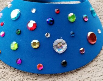 Blue Embellished Foam Visor with Rhinestones