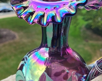 Iridescent Purple Signed Fenton Carnival Pitcher With Floral