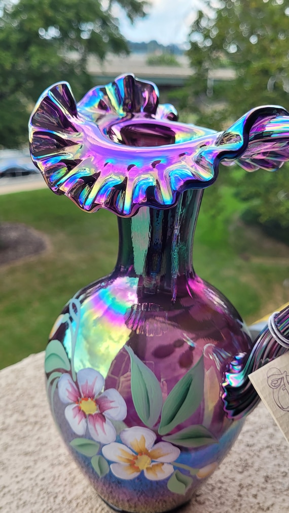 Iridescent Purple Signed Fenton Carnival Pitcher With Floral