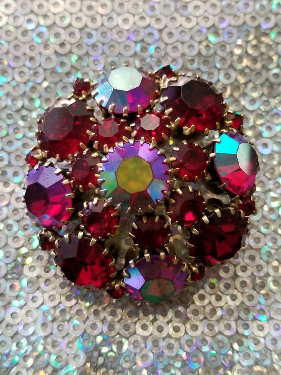 Vintage Czech Crystal Red Aurora Borealis Brooch o