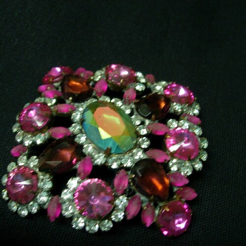 Vintage Pin or Antique shops Brooch---Pink, Burgundy and Rainbow Aurora Crystals--signed