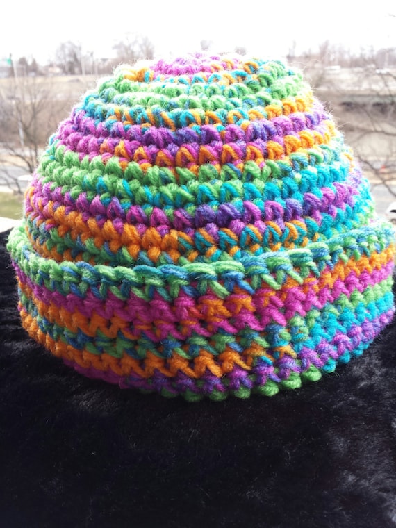 Hand Crocheted Rainbow Variegated Winter Hat - Etsy display picture 2