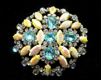 Vintage Czech Crystal Aqua and Yellow Marquis AB Brooch or Pin