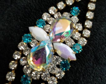 Elegant Vintage Rhinestone Bracelet with Teal Blue, Clear and large Aurora Borealis Crystal Stones, Deco Style, Adjustable