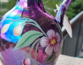 フェントン　クランベリーメロン　ピッチャー&クランベリーオパールセントディッシュ Iridescent Purple Signed Fenton Carnival Pitcher With Floral