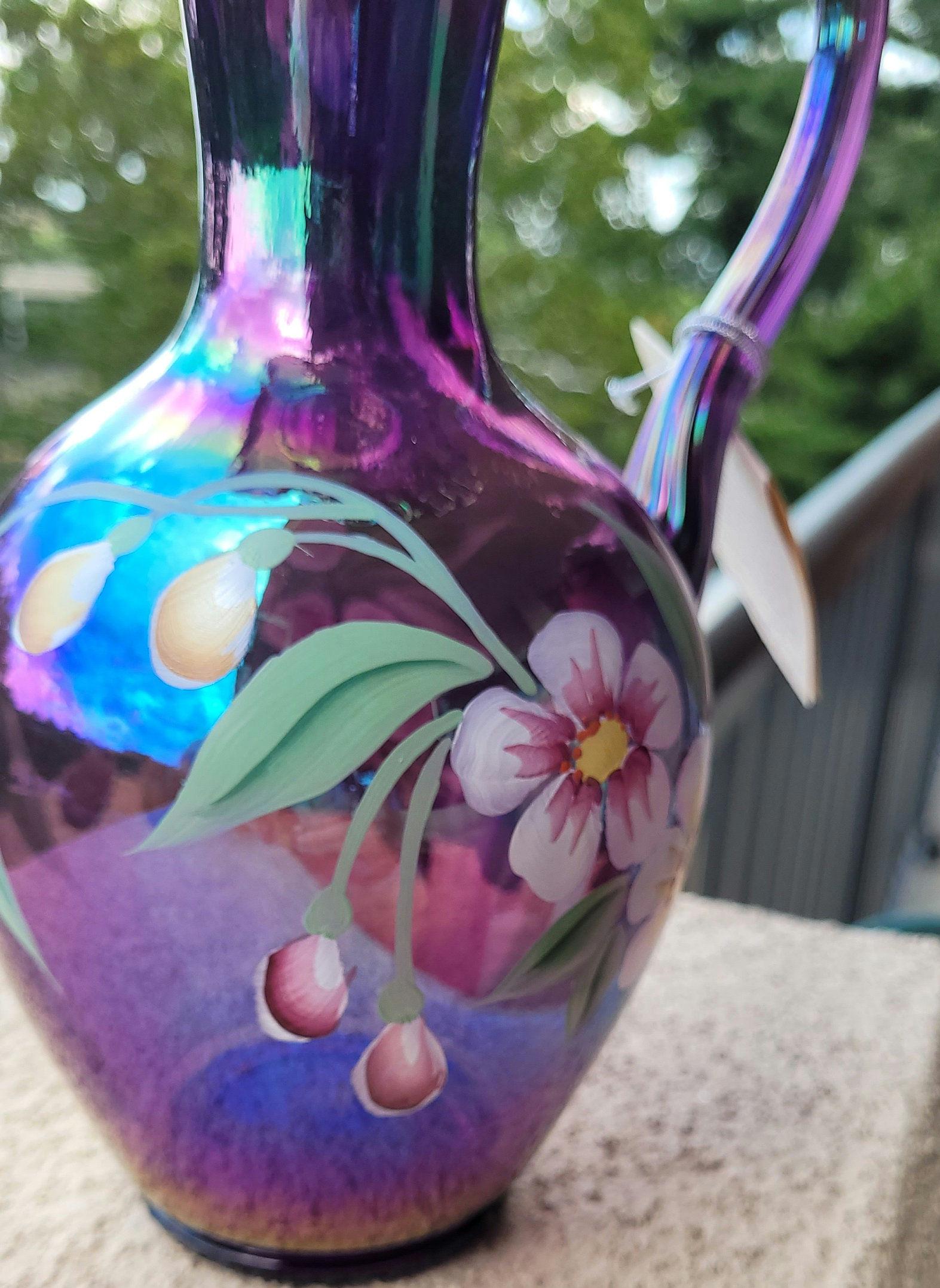 Iridescent Purple Signed Fenton Carnival Pitcher With Floral