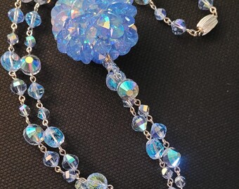 Vintage Iridescent Light Blue Long Crystal Necklace and pendant, 28 inches