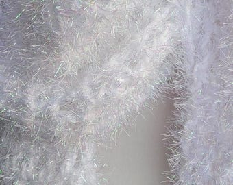Beautiful, Fuzzy Hand Crocheted Opalescent Scarf in White Lurex and White Iridescent Eyelash Yarn <>