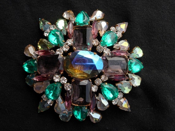 Vintage Crystal Lavender & Green Rhinestone Brooc… - image 2