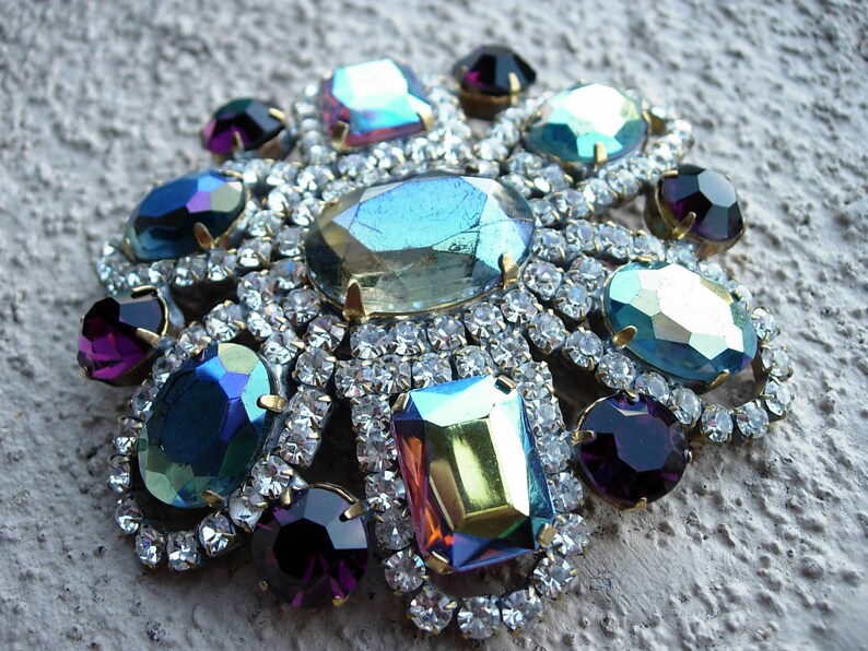 Signed Vintage Pin or Brooch Purple and Blues Aurora Borealis Crystal