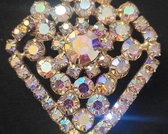 Vintage Iridescent Clear Aurora Borealis Pin or Brooch in Diamond Shape