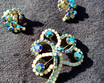 Vintage Pin or Brooch, and Earring Set in Teal Aurora and Mint Green Czech Crystals