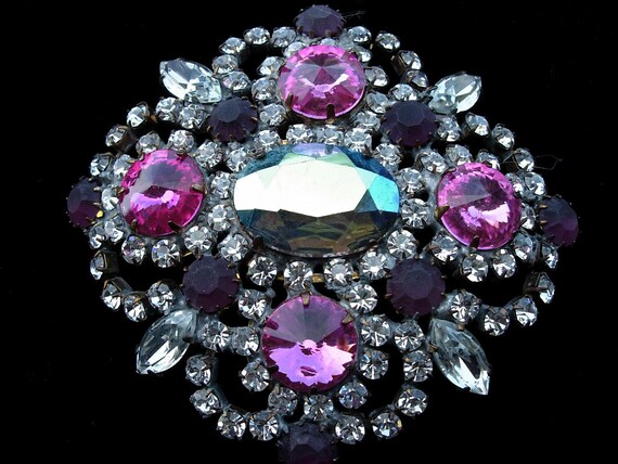 Vintage Pin or Brooch, Pink & Clear Czech Crystal… - image 2