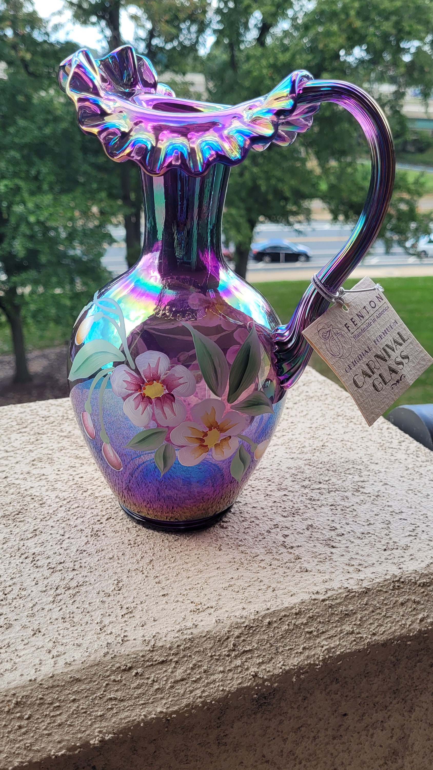 Iridescent Purple Signed Fenton Carnival Pitcher With Floral
