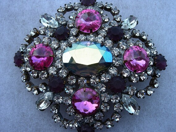 Vintage Pin or Brooch, Pink & Clear Czech Crystal… - image 4