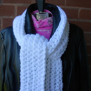 Snowy white crocheted scarf with sequins