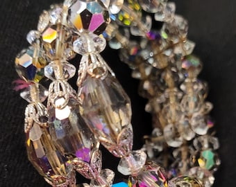Vintage aurora borealis triple wire expansion crystal beaded antique bracelet
