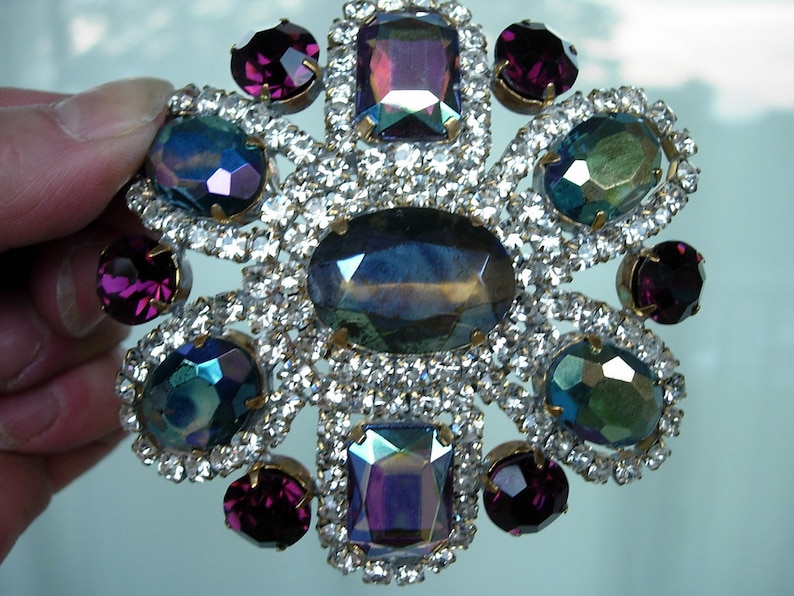 Signed Vintage Pin or Brooch Purple and Blues Aurora Borealis Crystal