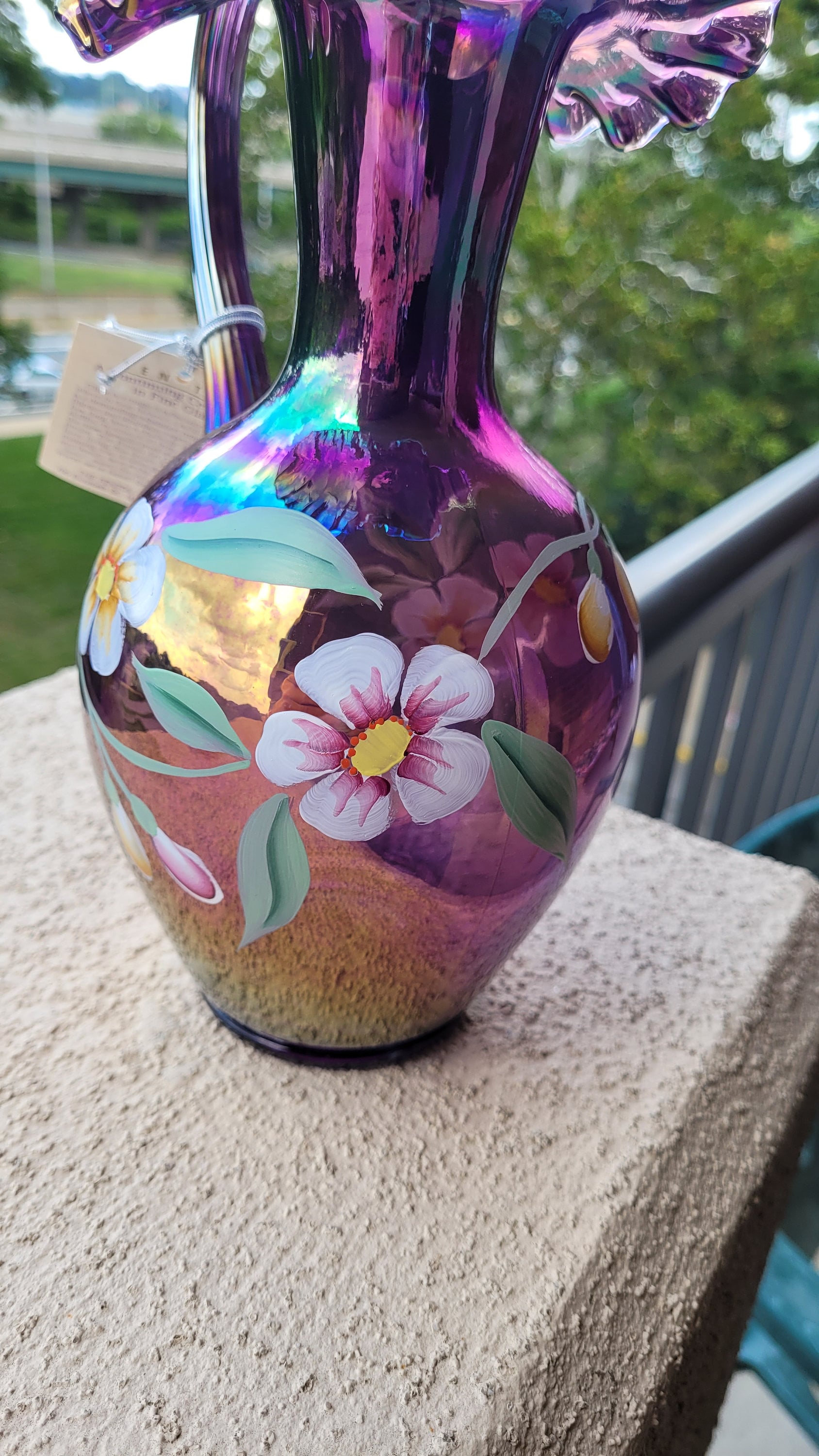 Iridescent Purple Signed Fenton Carnival Pitcher With Floral