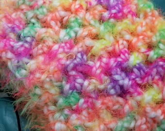 Beautiful Hand-crocheted ohmbre scarf in multicolored rainbow brights. <>