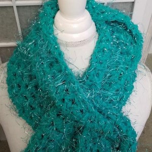 Hand-crocheted Scarf in Teal and metallic lurex eyelash yarn