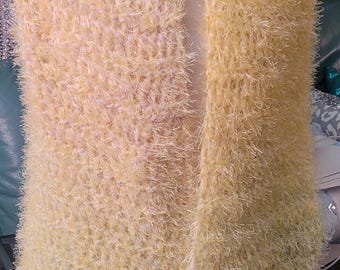 Beautiful, Fuzzy Hand Crocheted Opalescent Scarf in Pastel Ombres and Yellow Iridescent Eyelash Yarn <>