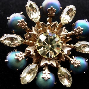 Vintage Pin or Brooch, Crystal and Blue Flower