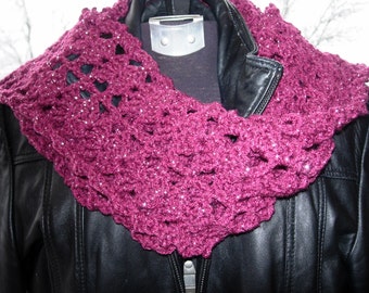 Hand crocheted Metallic Scarf in Purple Wine color with Silver Lurex.