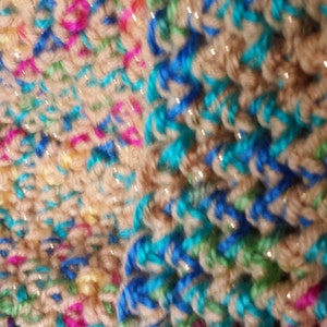 Hand Crocheted Hat in Metallic Variegated Yellow Multi and Lurex yarn Sz M -L