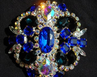 Vintage Pin or Antique Brooch, Aurora & Blue Crystal, Signed