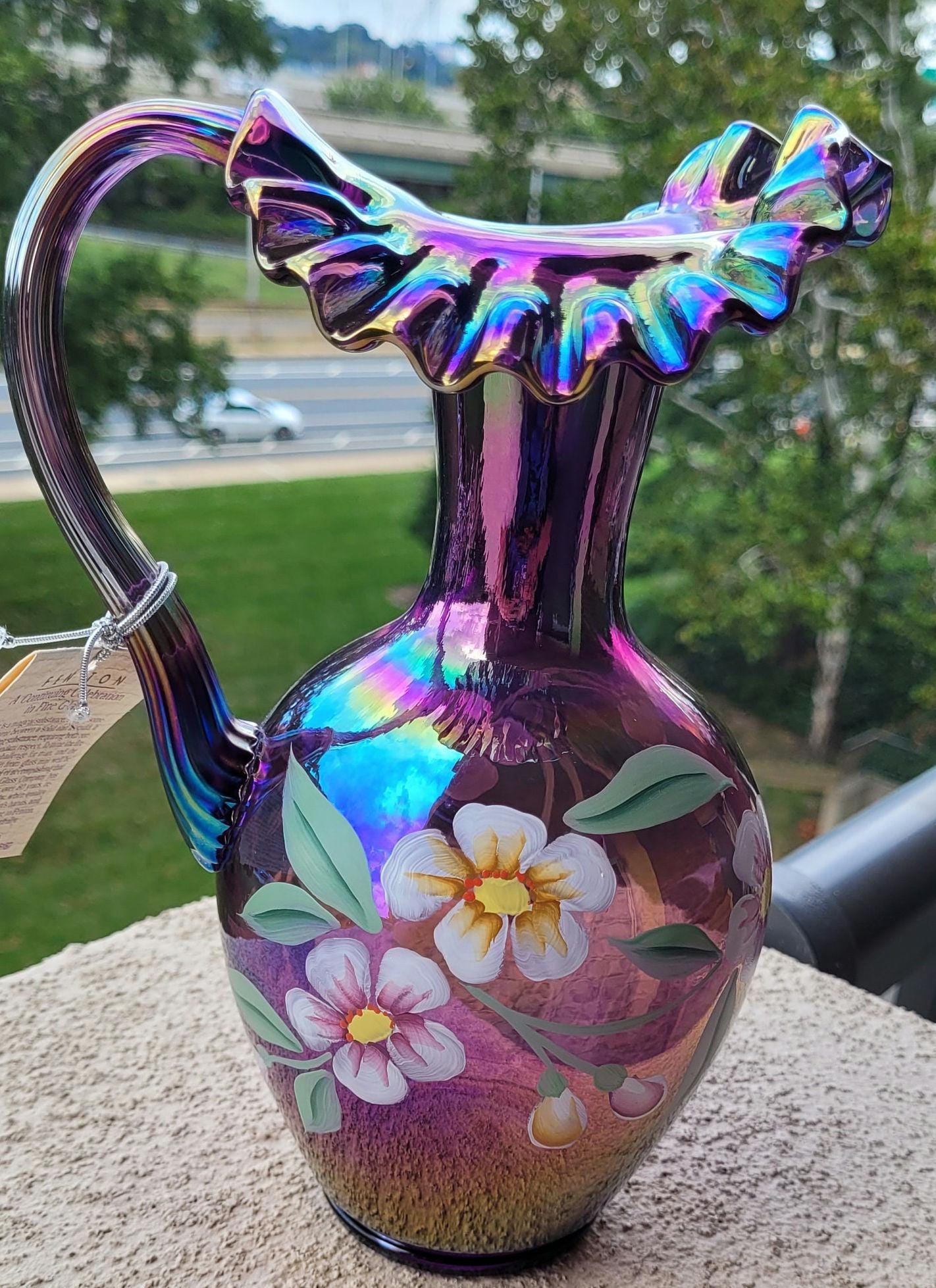 Iridescent Purple Signed Fenton Carnival Pitcher With Floral