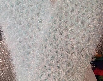 Beautiful, Fuzzy Hand Crocheted Opalescent Scarf in Metallic Aqua and White Eyelash Yarn <>