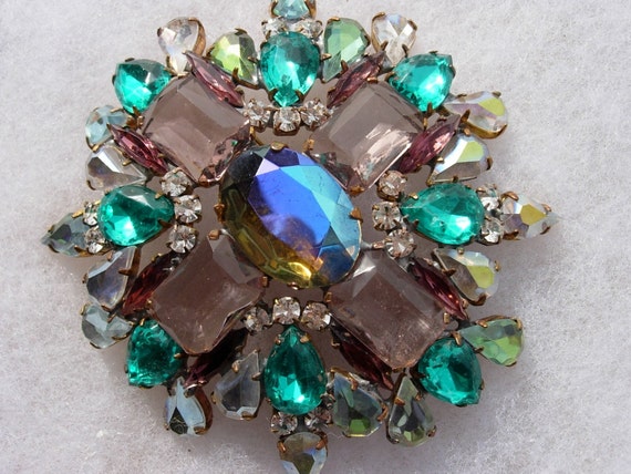 Vintage Crystal Lavender & Green Rhinestone Brooc… - image 1