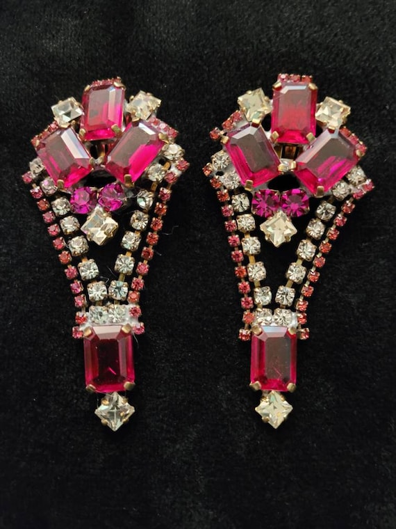 Fuschia pink and clear crystal drop earrings, clip