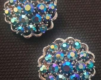 Vintage or Antique blue aurora borealis crystal clip on earrings