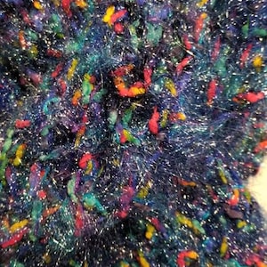 Hand-crocheted Scarf in Royal Blue and Rainbow metallic lurex eyelash yarn