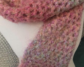 Beautiful, Fuzzy Hand-Crocheted Scarf in shades of Fuschia, Mint Greens and Pinks<>