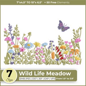 Wildflower Meadow Machine Embroidery Design-Floral Machine Embroidery-Boho Flower, Butterfly Wild Flowers, 7 Sizes, Instant Download